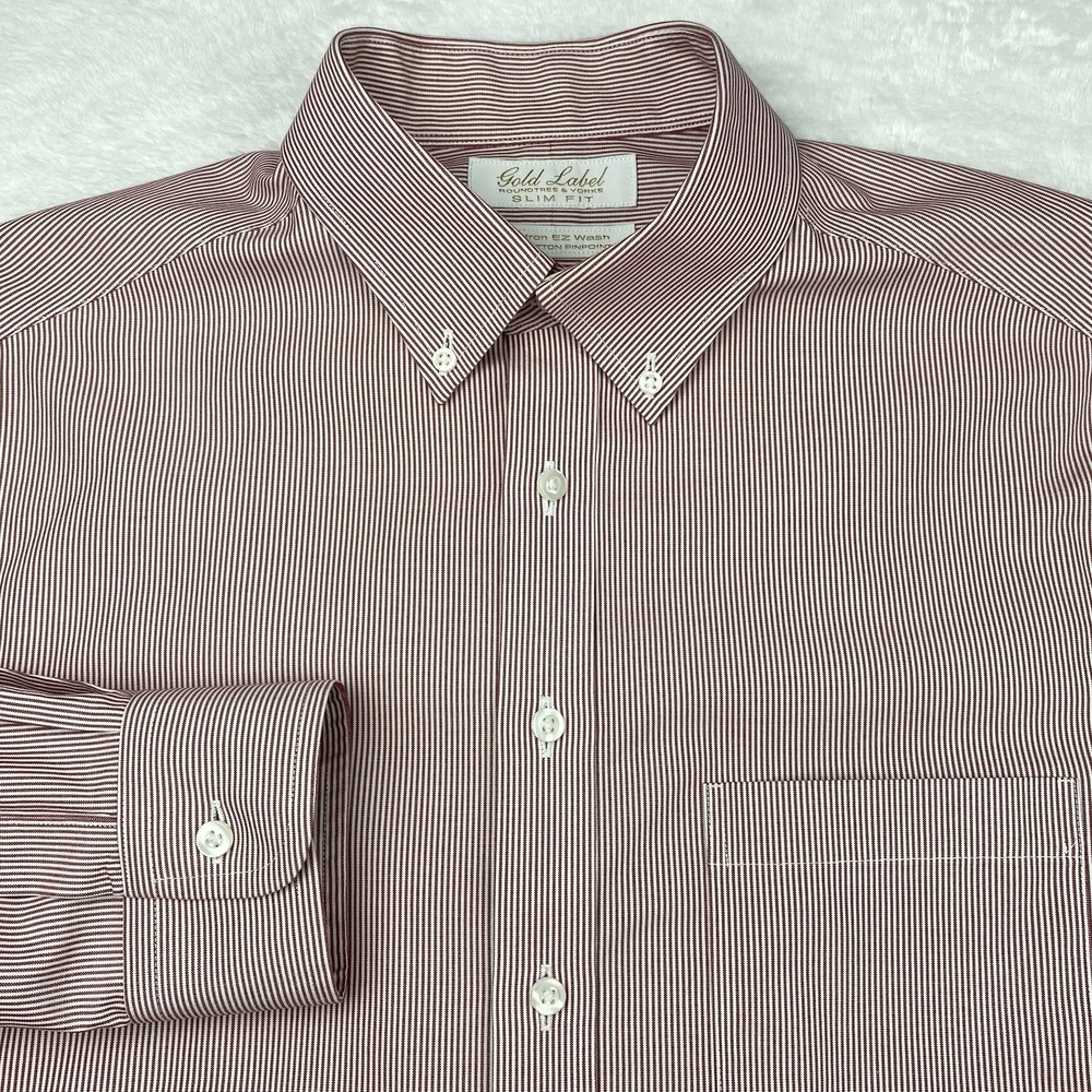Roundtree & Yorke Gold Label Dress Shirt Men's 16-33 Burgundy Stripes Slim Fit